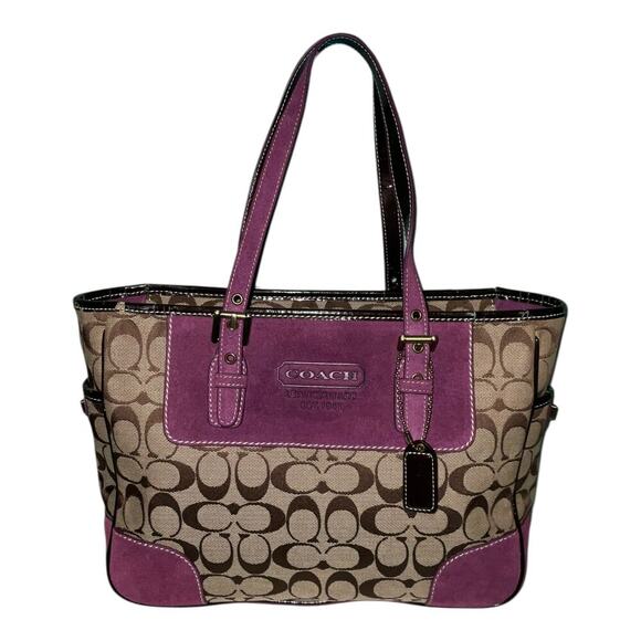 Coach Brown Brown Purple Signature Suede Handbag Shoulder Bag Gold Hardware - Picture 1 of 15